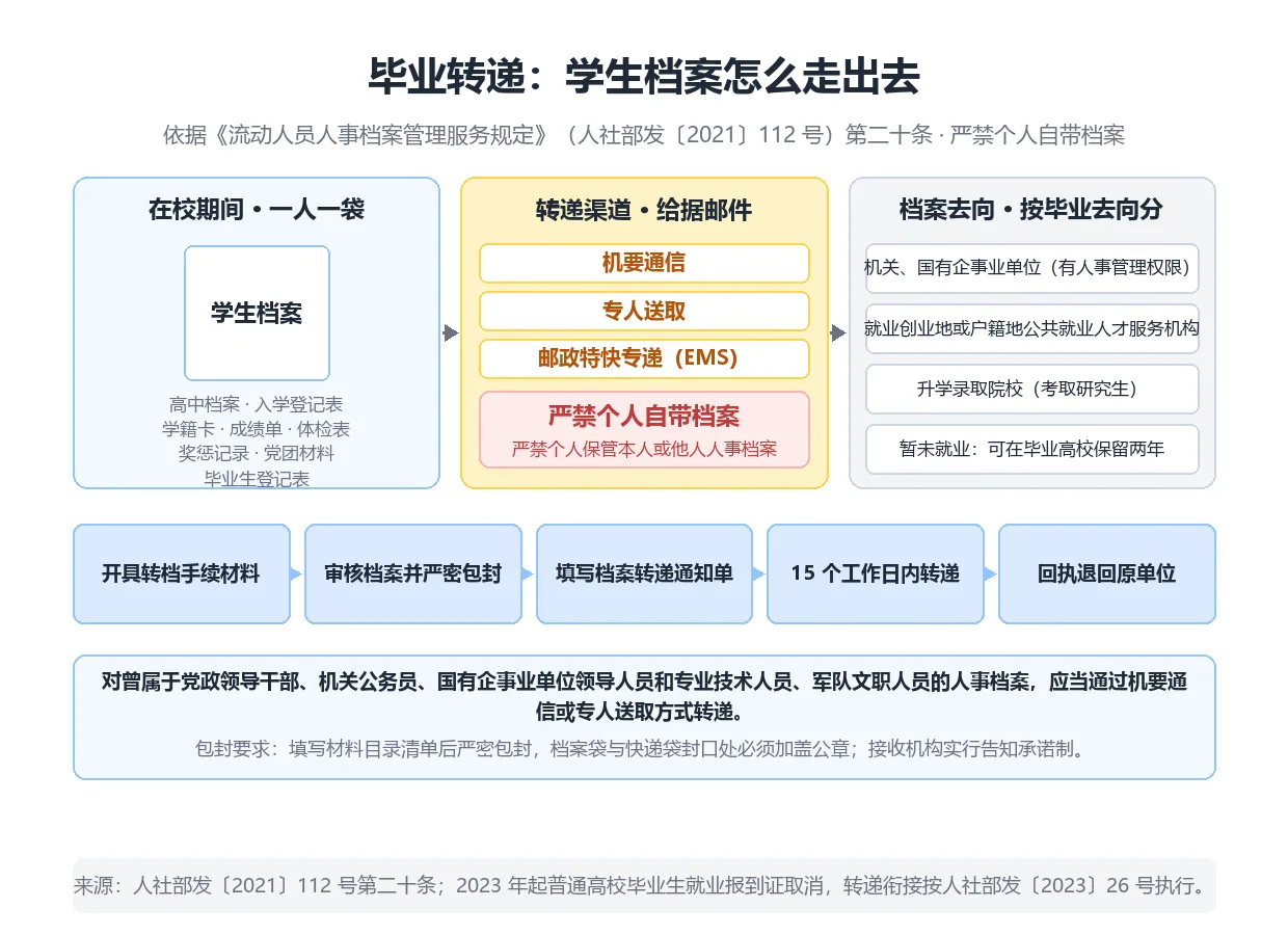 学生档案整理后的毕业转递渠道与去向，严禁个人自带档案
